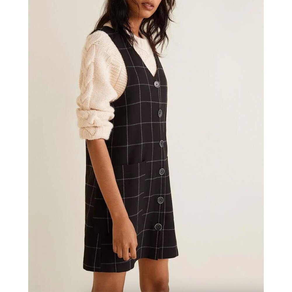 MANGO Pocket Check Plaid Button Mini Short Dress V-neck Sleeveless Black S Small